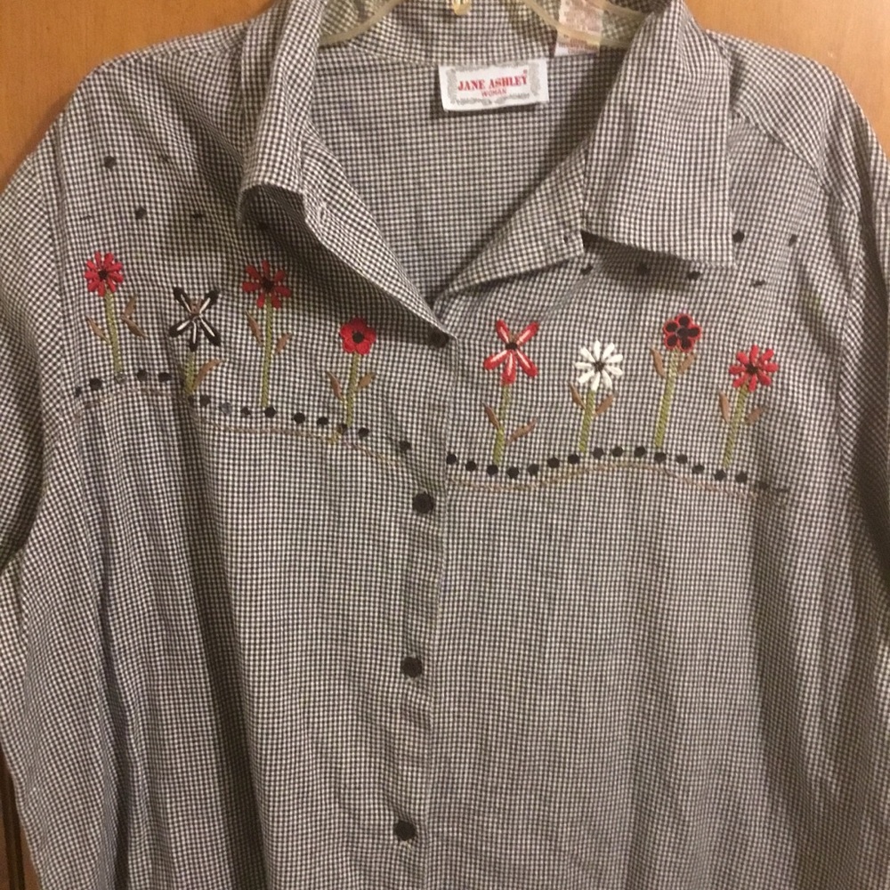 Black White Check Embroidered Gingham Short-Sleeve Shirt 2X - Picture 2 of 5